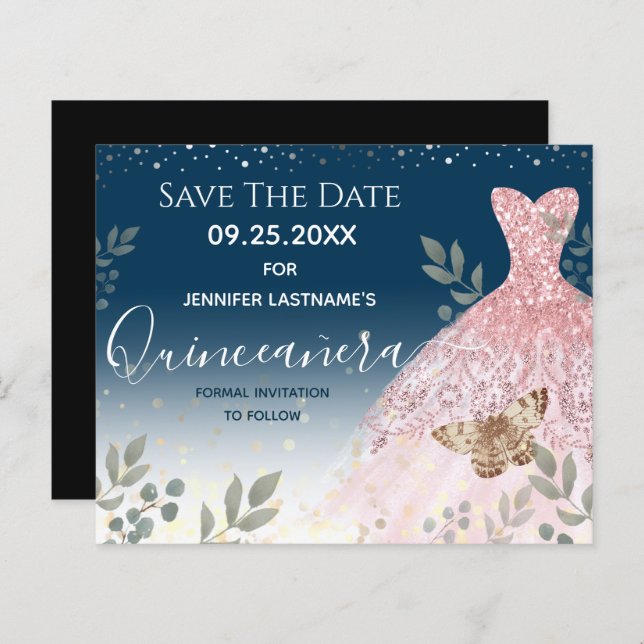 Silver and Pink Dress Quinceanera Save the Date (Front/Back)