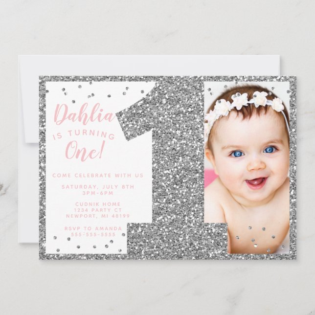 Silver and Pink Faux Glitter First Birthday Invitation (Front)