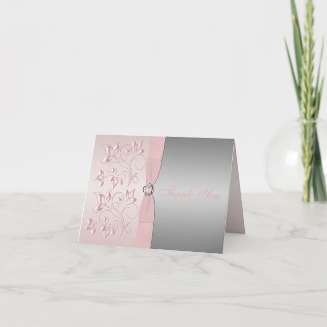 Silver and Pink Floral Love Knot Thank You Note Card (Front)