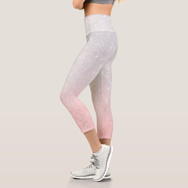 Silver and Pink Glitter Ombre Luxury Design Capri Leggings (Left)