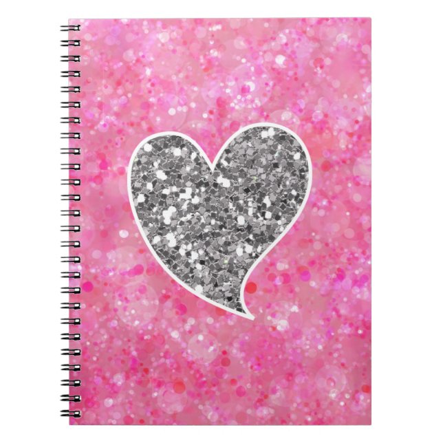 Silver and Pink Glittery Hearts Notebook (Front)