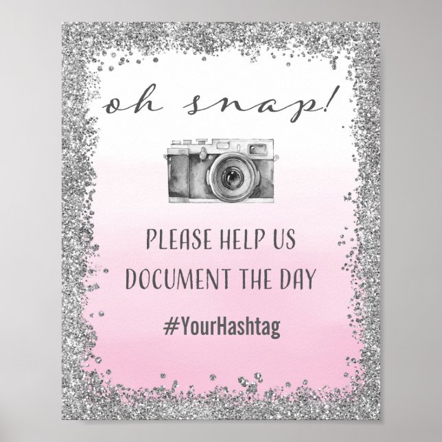 Silver and Pink Oh Snap Wedding Hashtag Print (Front)