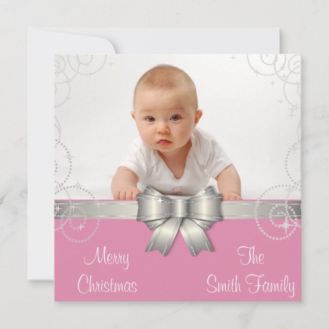 Silver and Pink Photo Christmas Card (Front)