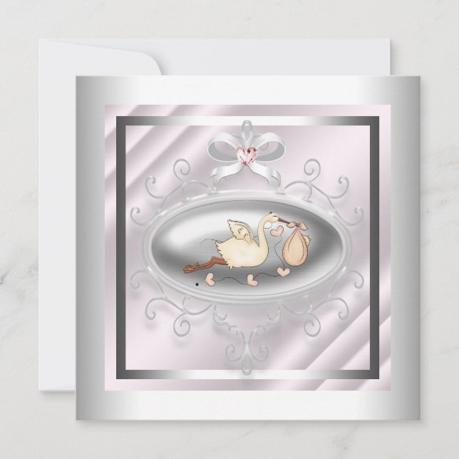 Silver and Pink Stork Baby Girl Shower Invitation (Front)