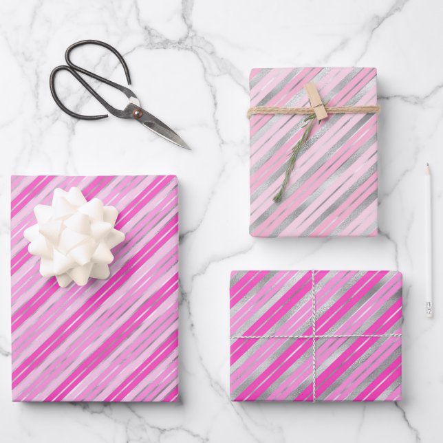 Silver and Pink Stripes Wrapping Paper Sheet (Front)