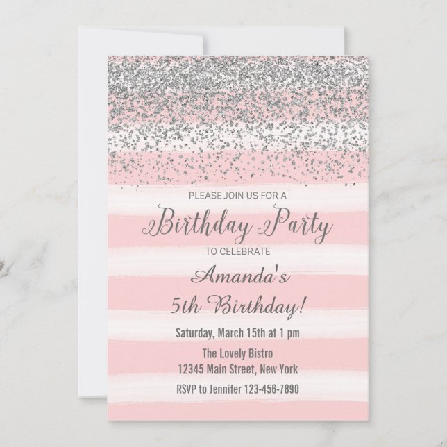 Silver and Pink Watercolor Birthday Invitation (Front)