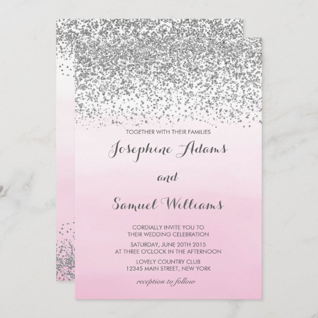 Silver and Pink Watercolor Wedding Invitation (Front/Back)