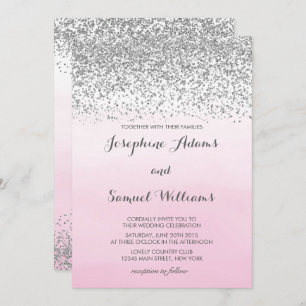 Silver and Pink Watercolor Wedding Invitation