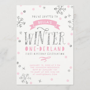 Silver and Pink Winter Onederland First Birthday Invitation