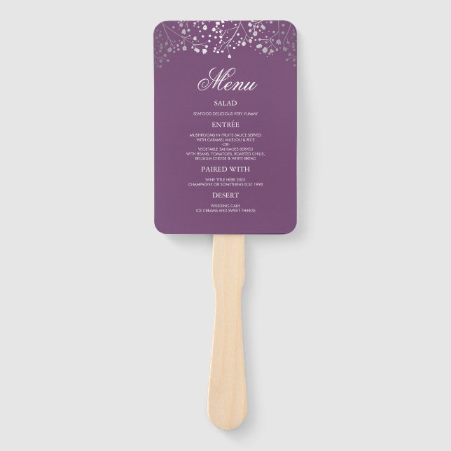 Silver and Plum Purple Wedding Menus Hand Fan (Front)