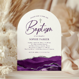 Silver and Purple Agate and Cross   Baptism Invitation