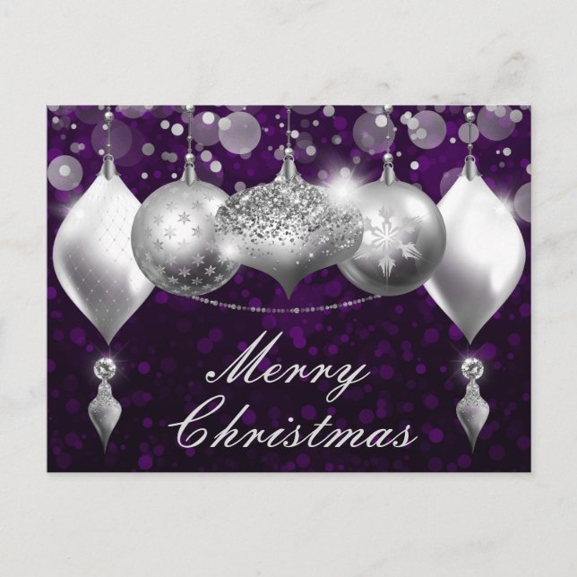 Silver and Purple Christmas Baubles Ornaments Holiday Postcard (Front)