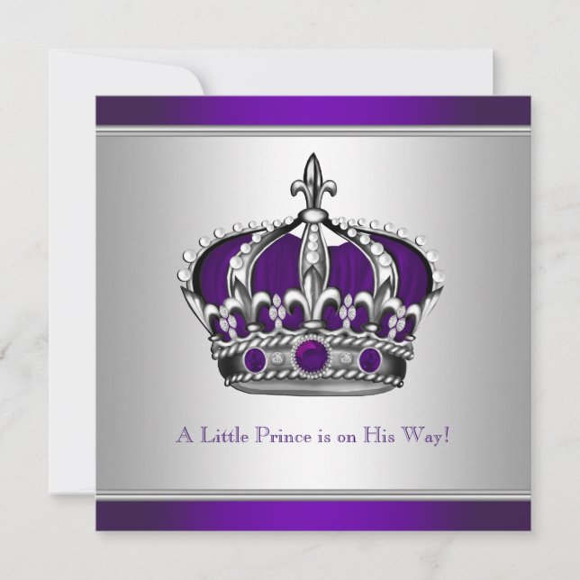 Silver and Purple Crown Little Prince Baby Shower Invitation (Front)