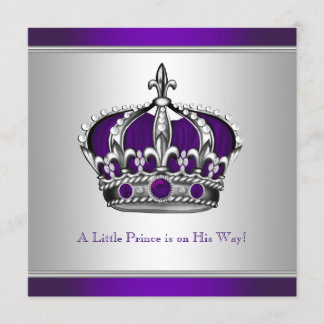 Silver and Purple Crown Little Prince Baby Shower Invitation