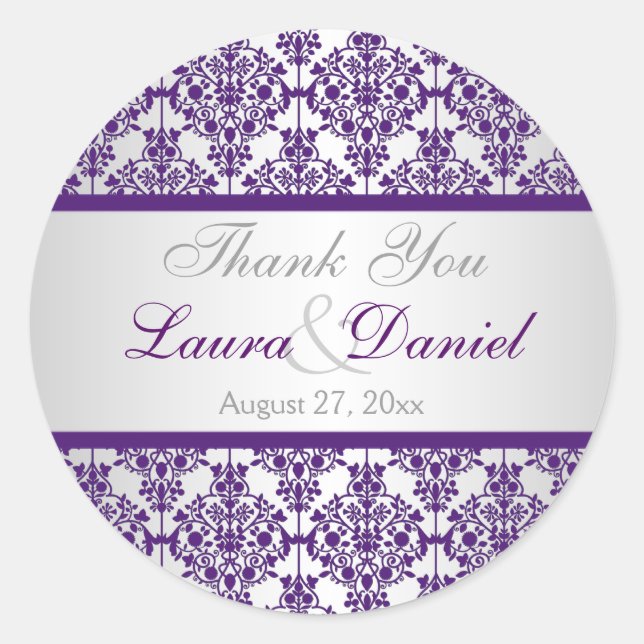 Silver and Purple Damask 1.5" Thank You Sticker (Front)