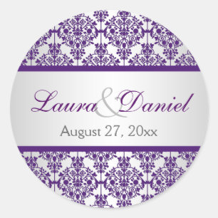 Silver and Purple Damask 1.5" Wedding Sticker