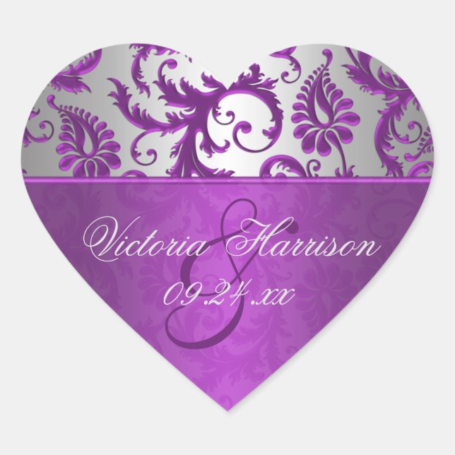 Silver and Purple Damask II Heart Shaped Sticker (Front)