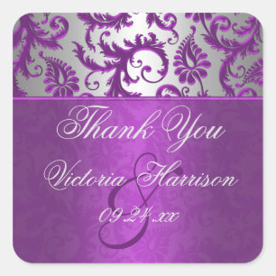 Silver and Purple Damask II Square Shaped Sticker