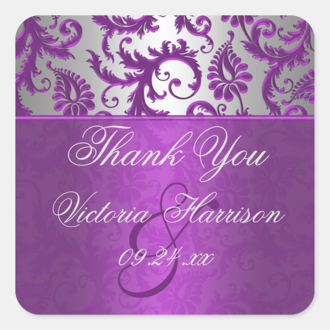Silver and Purple Damask II Square Shaped Sticker (Front)