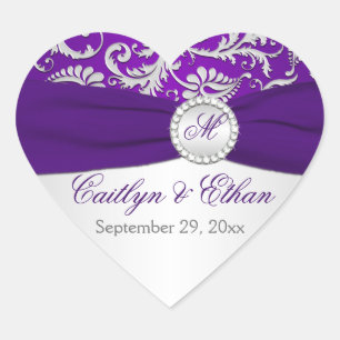 Silver and Purple Damask Monogram Wedding Sticker