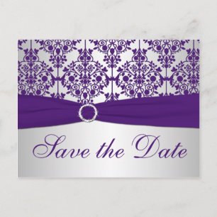 Silver and Purple Damask Save the Date Card