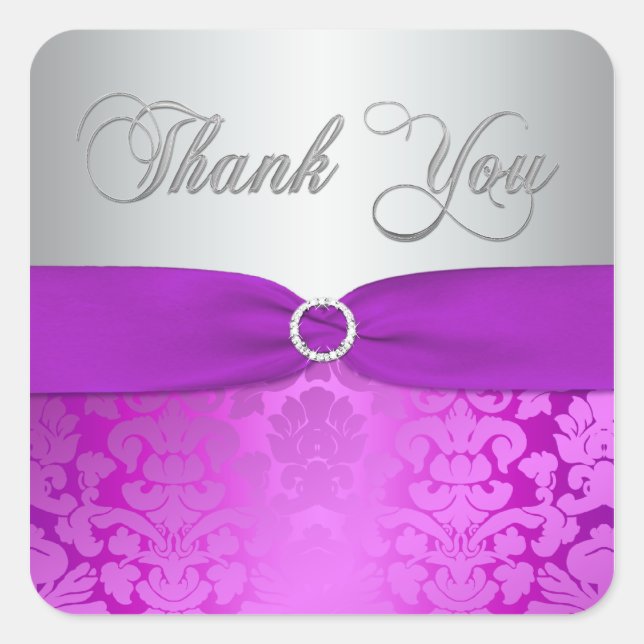 Silver and Purple Damask Thank You Sticker (Front)