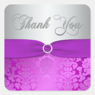 Silver and Purple Damask Thank You Sticker