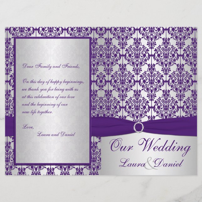 Silver and Purple Damask Wedding Program II (Front)