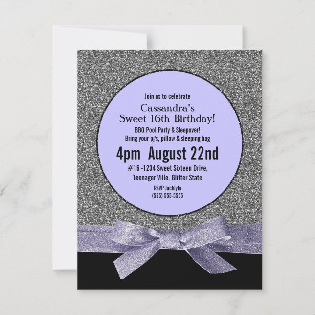 Silver and Purple Faux Glitter Girly Party Invitation (Front)