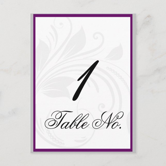 Silver and Purple Floral Heart Scroll Table Number Postcard (Front)