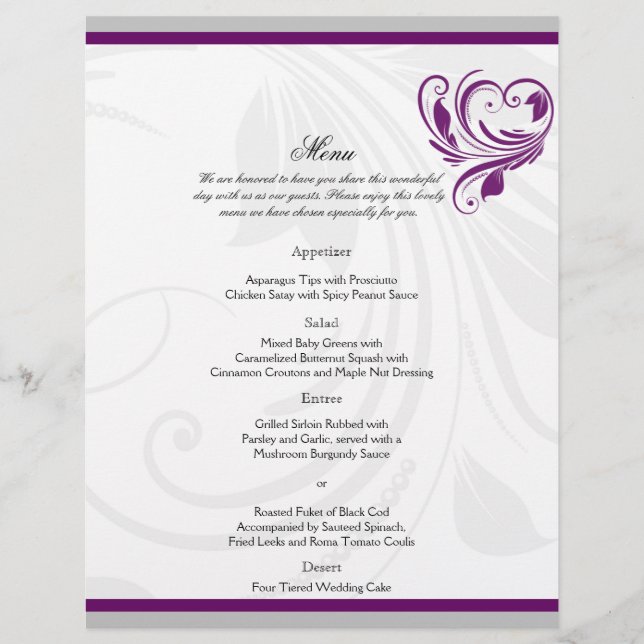 Silver and Purple Floral Heart Wedding Menu (Front)