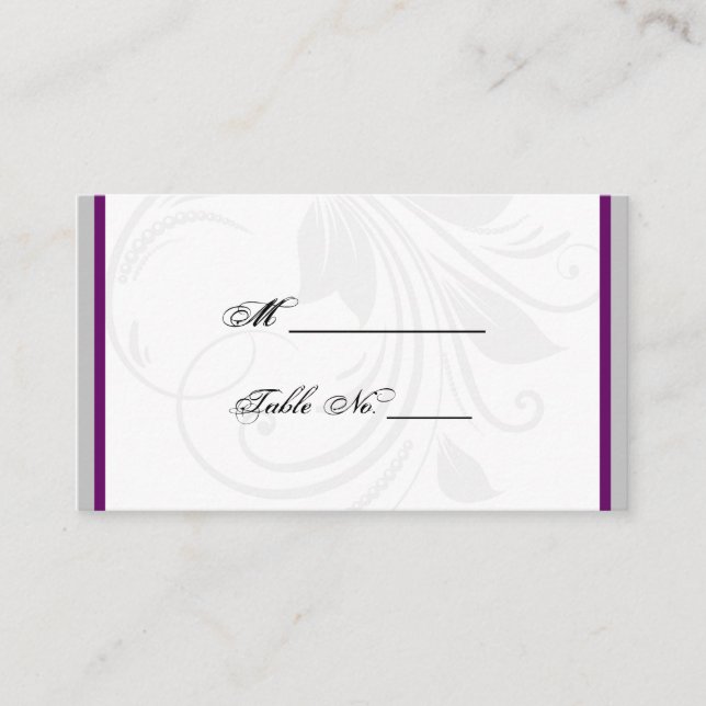 Silver and Purple Floral Heart Wedding Place Cards (Front)