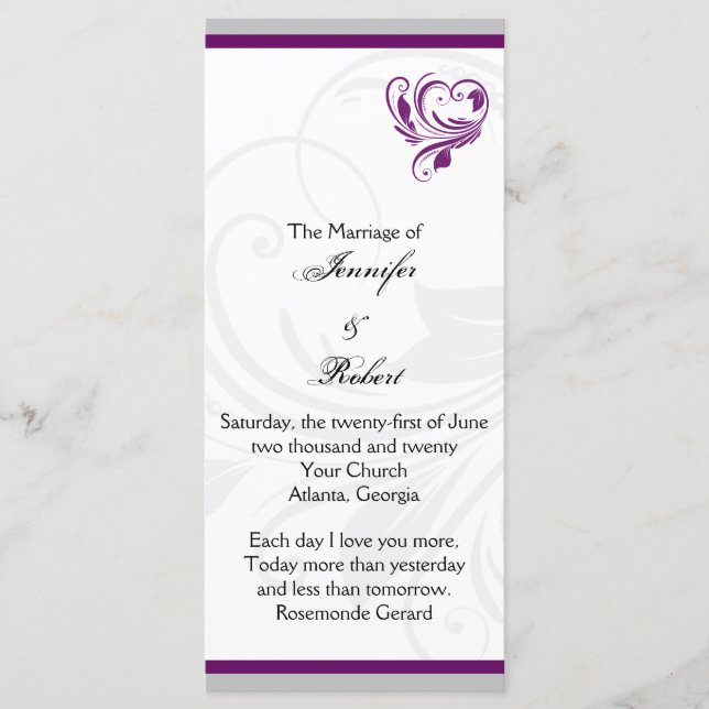 Silver and Purple Floral Heart Wedding Program Programme (Front)