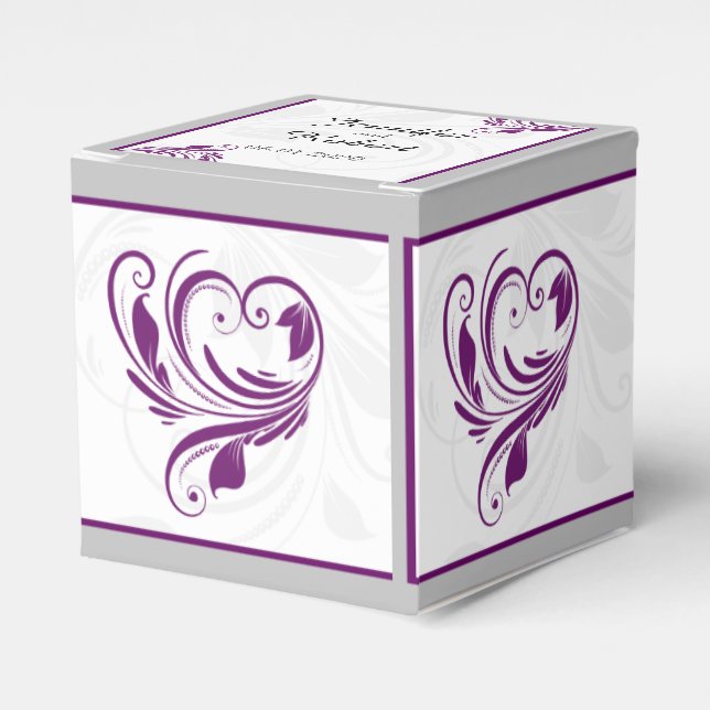 Silver and Purple Floral Scroll Wedding Favour Box (Front Side)