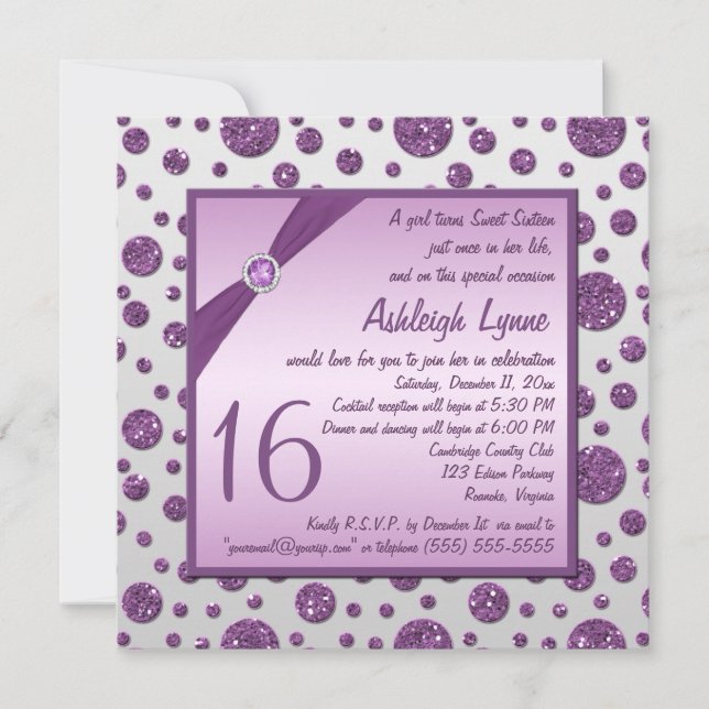 Silver and Purple Glitter Polka Dot Sweet Sixteen Invitation (Front)
