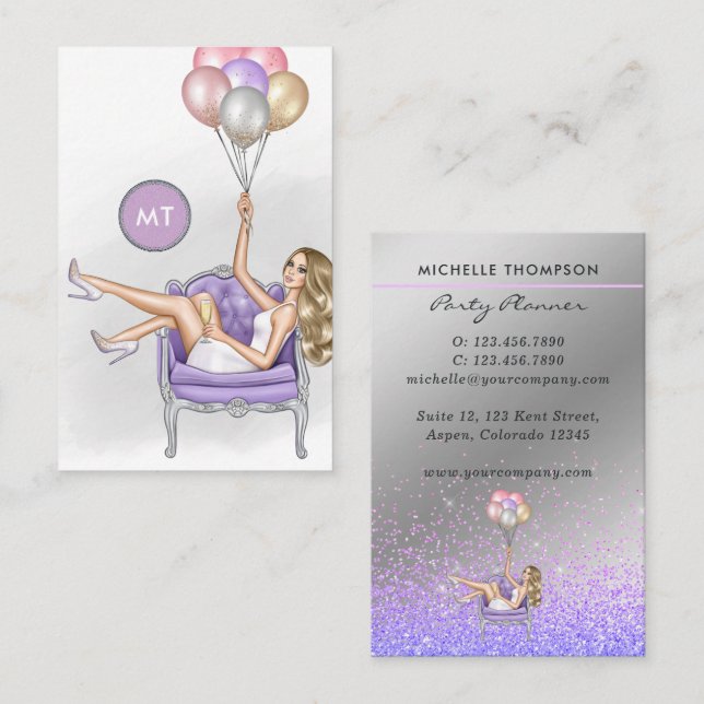 Silver and Purple Monogram Balloon Party Girl Business Card (Front/Back)