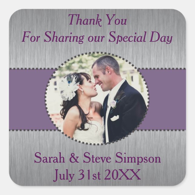 Silver and Purple Photo Wedding Thank You Stickers (Front)