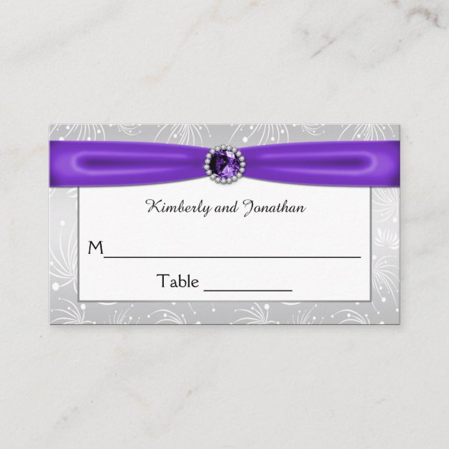 Silver and Purple Ribbons Gemstones Place Cards (Front)