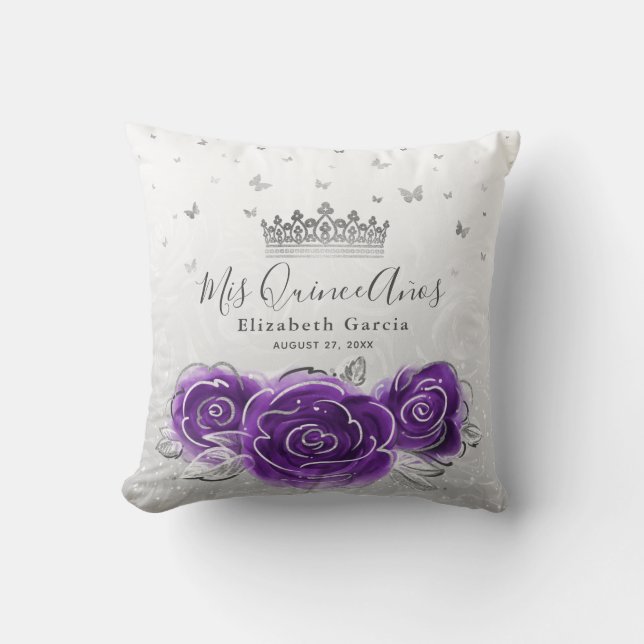 Silver and Purple Rose Quinceanera Mis Quince Anos Cushion (Front)