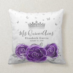 Silver and Purple Rose Quinceanera Mis Quince Anos Cushion
