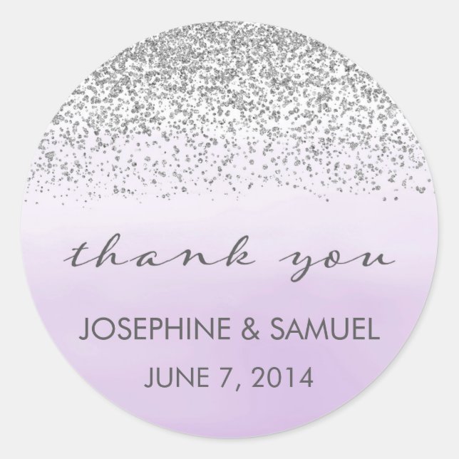 Silver and Purple Wedding Thank You Round Stickers (Front)