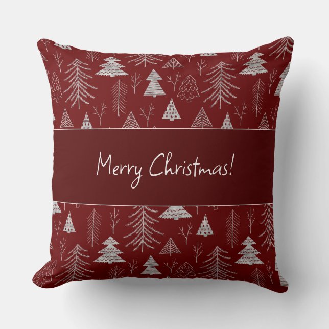Silver and Red Christmas Tree Forest Pattern Cushion (Front)