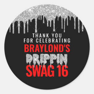 Silver and Red Drippin Swag 16 Birthday  Classic Round Sticker