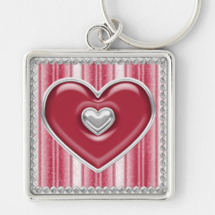 Silver and Red Filled Hearts Customisable Keychain