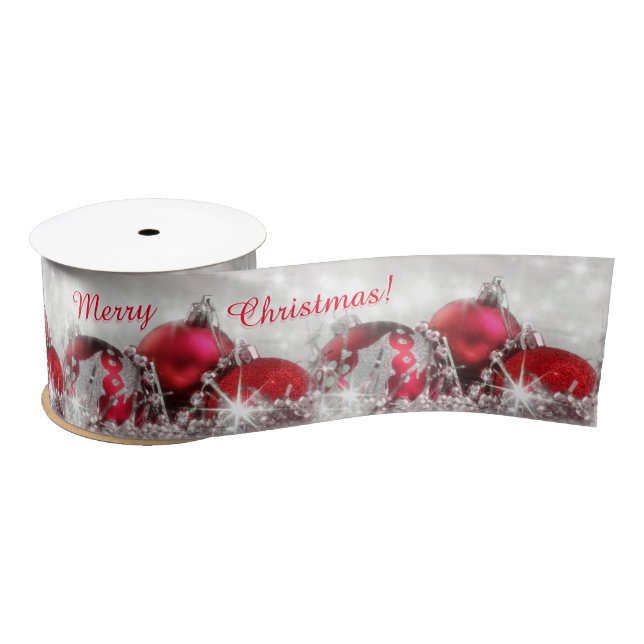 Silver And Red Merry Christmas Satin Ribbon (Spool)