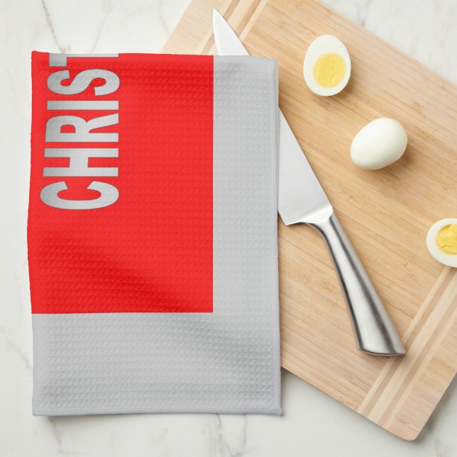 Silver And Red Merry Christmas Tea Towel (Quarter Fold)