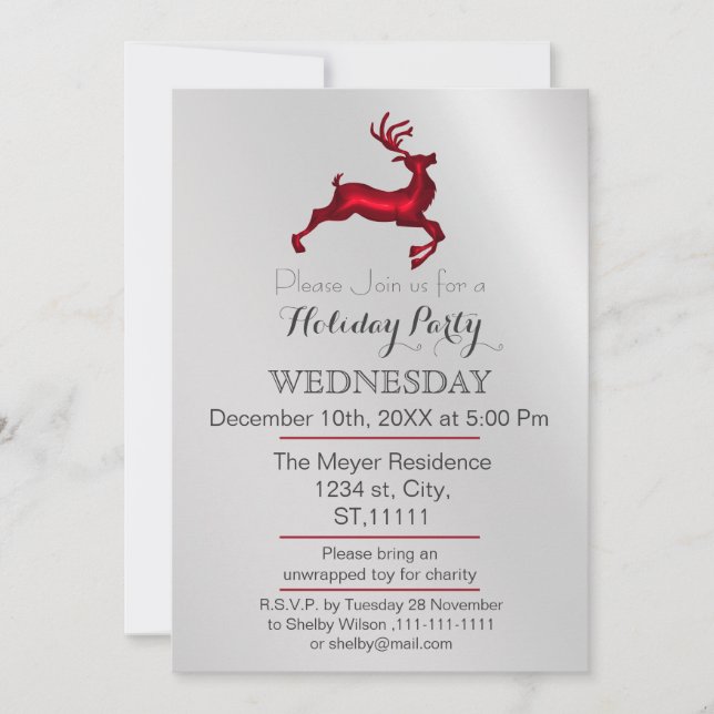 Silver and Red Reindeer holiday party Invitation (Front)