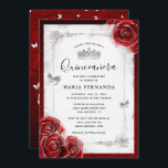 Silver and Red Rose Elegant Quinceanera Invitation<br><div class="desc">Create your own unique elegant silver and red quinceanera invitations for a sweet 15 birthday party, wedding, or another special occasion. The royal floral design combines beautiful glitter silver butterfly confetti and burgundy red watercolor roses hand illustrated Raphaela Wilson. The fancy vintage dresses/gown border adds sparkle to the white ink...</div>