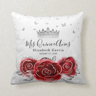 Silver and Red Rose Quinceanera Mis Quince Anos Cushion