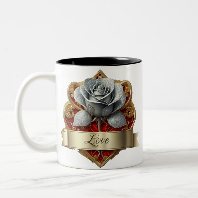Silver And Red Rose Two-Tone Coffee Mug (Left)